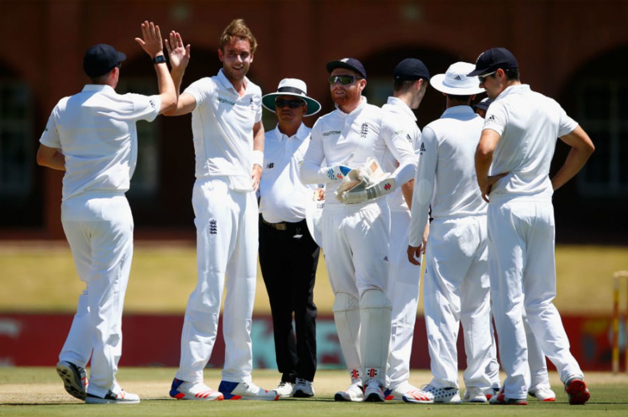Stuart Broad claimed two wickets with the new ball, SA Invitational XI v England XI, Potchefstroom, 2nd day, December 16, 2015