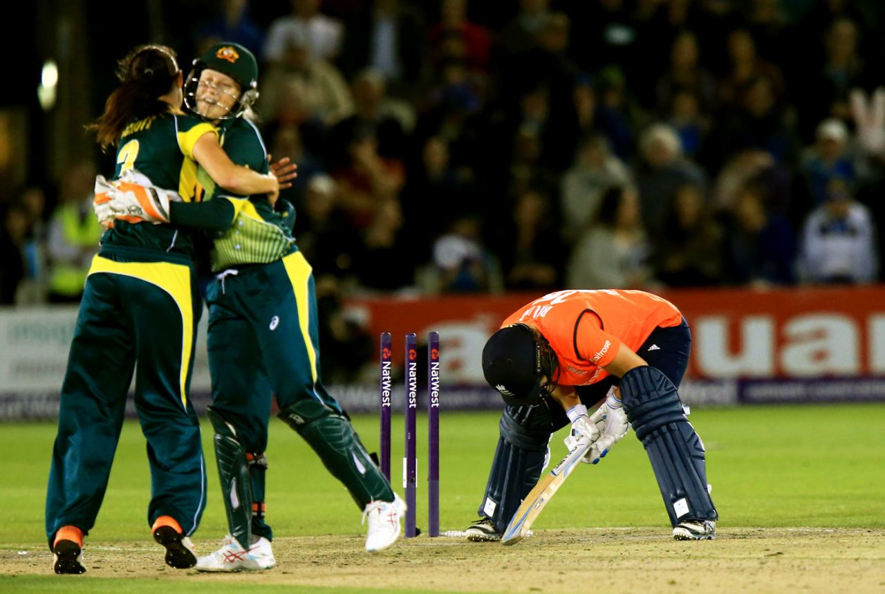 Katherine Brunt was bowled for 20 by Megan Schutt, England v Australia, 2nd Women's T20, Hove, August 28, 2015