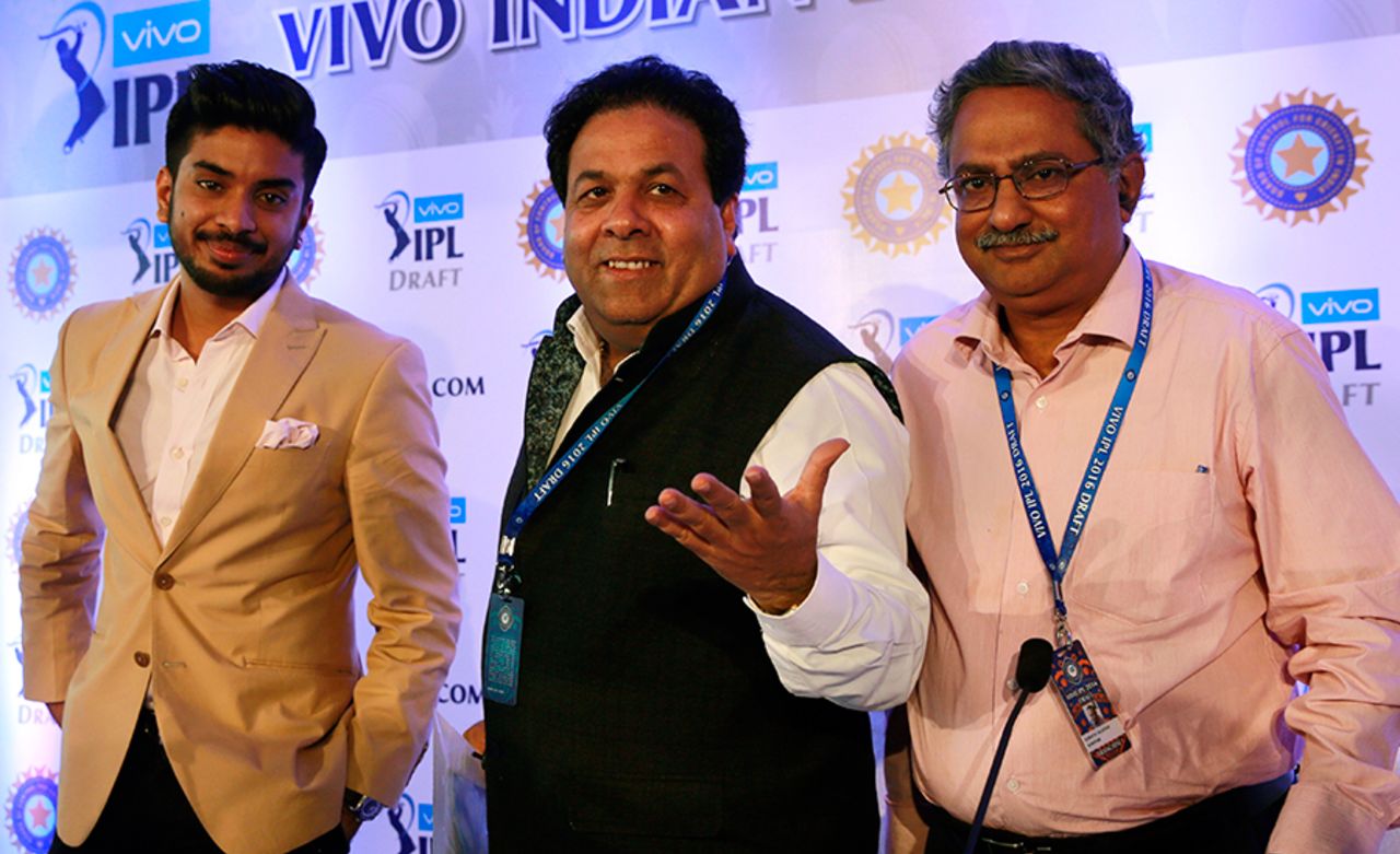 Rajiv Shukla, the IPL chairman, with Keshav Bansal (left), owner of the Rajkot franchise, Subroto Talukdar, a representative of the Pune IPL franchise, during the draft, Mumbai, December 15, 2015