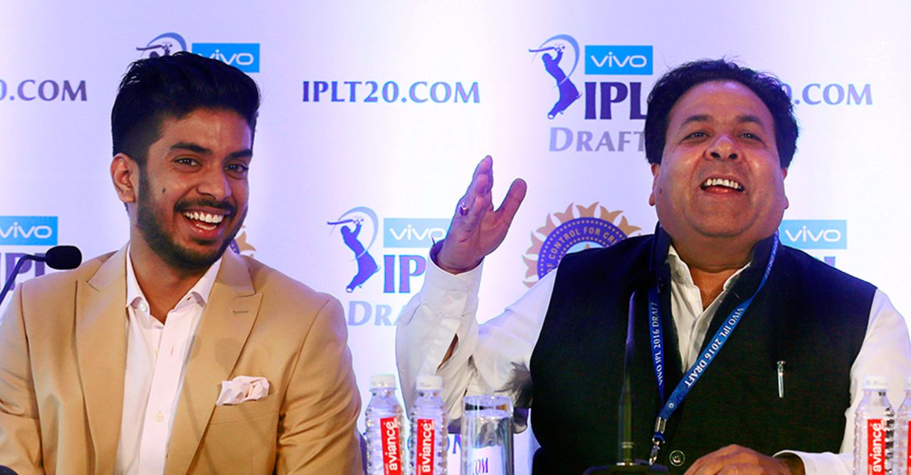 IPL chairman Rajiv Shukla and Keshav Bansal, owner of the Rajkot IPL franchise, attend a press conference after the IPL draft, Mumbai, December 15, 2015