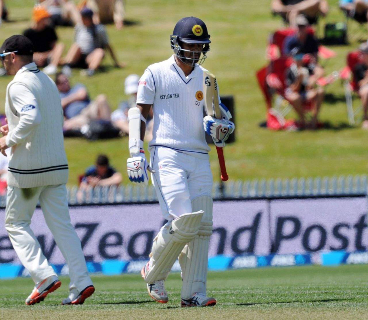 Dimuth Karunaratne walks back after being dismissed for 12, New Zealand v Sri Lanka, 2nd Test, Hamilton, 1st day, December 18, 2015