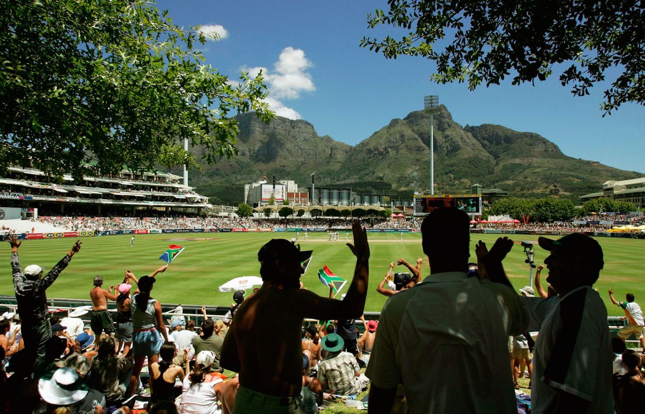 Fans celebrate the dismissal of Marcus Trescothick, South Africa v England, 3rd Test, Cape Town, 4th day, January 5, 2005