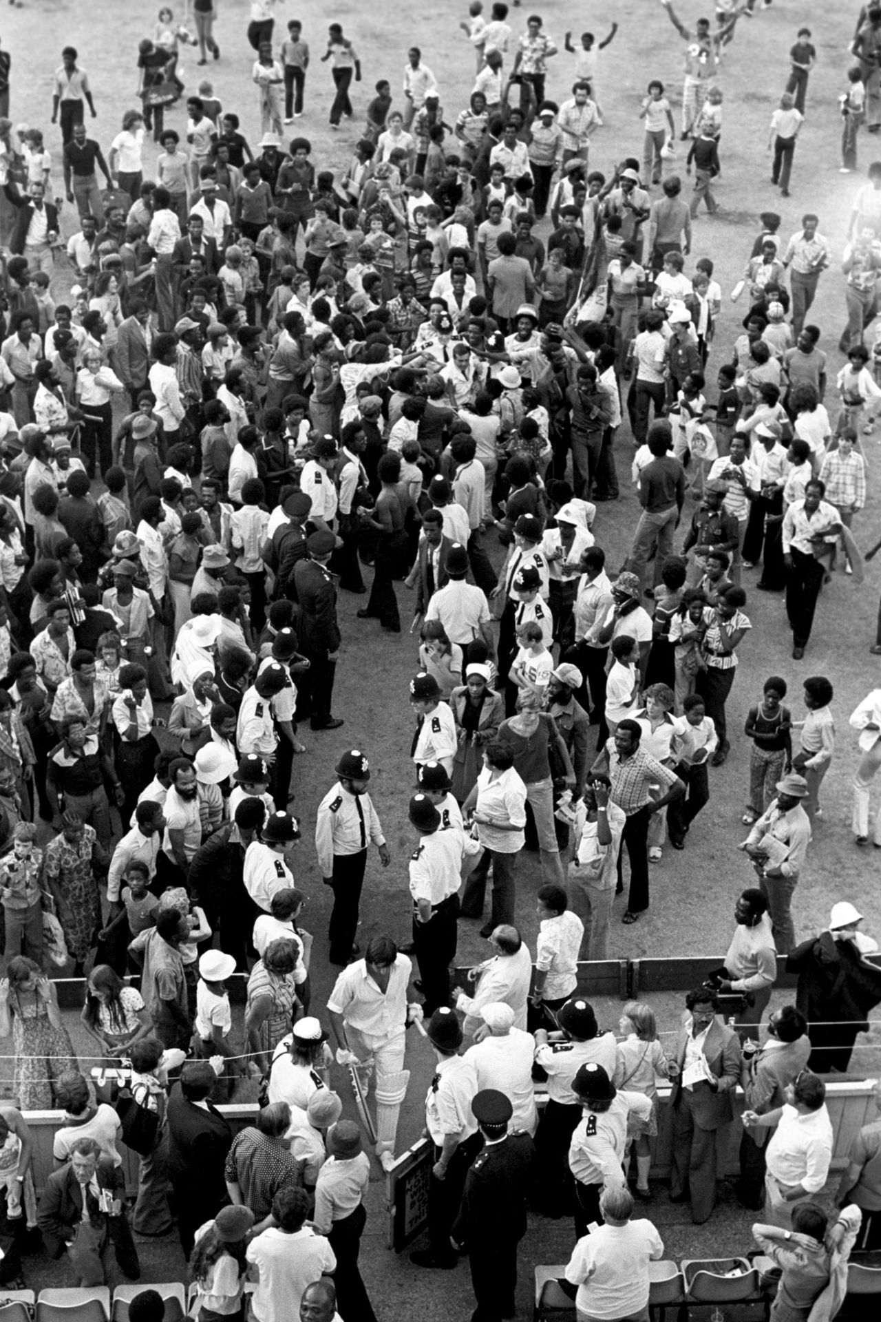Batsman Mike Selvey and Dickie Bird walk back through the crowd, England v West Indies, 5th Test, The Oval, 5th day, August 17, 1976