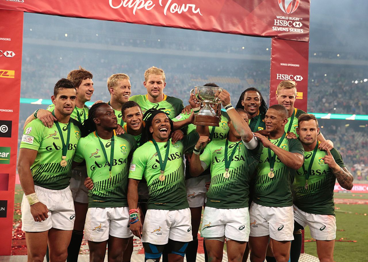 The South African rugby team celebrate after winning the Rugby Sevens, Cape Town, December 13, 2015