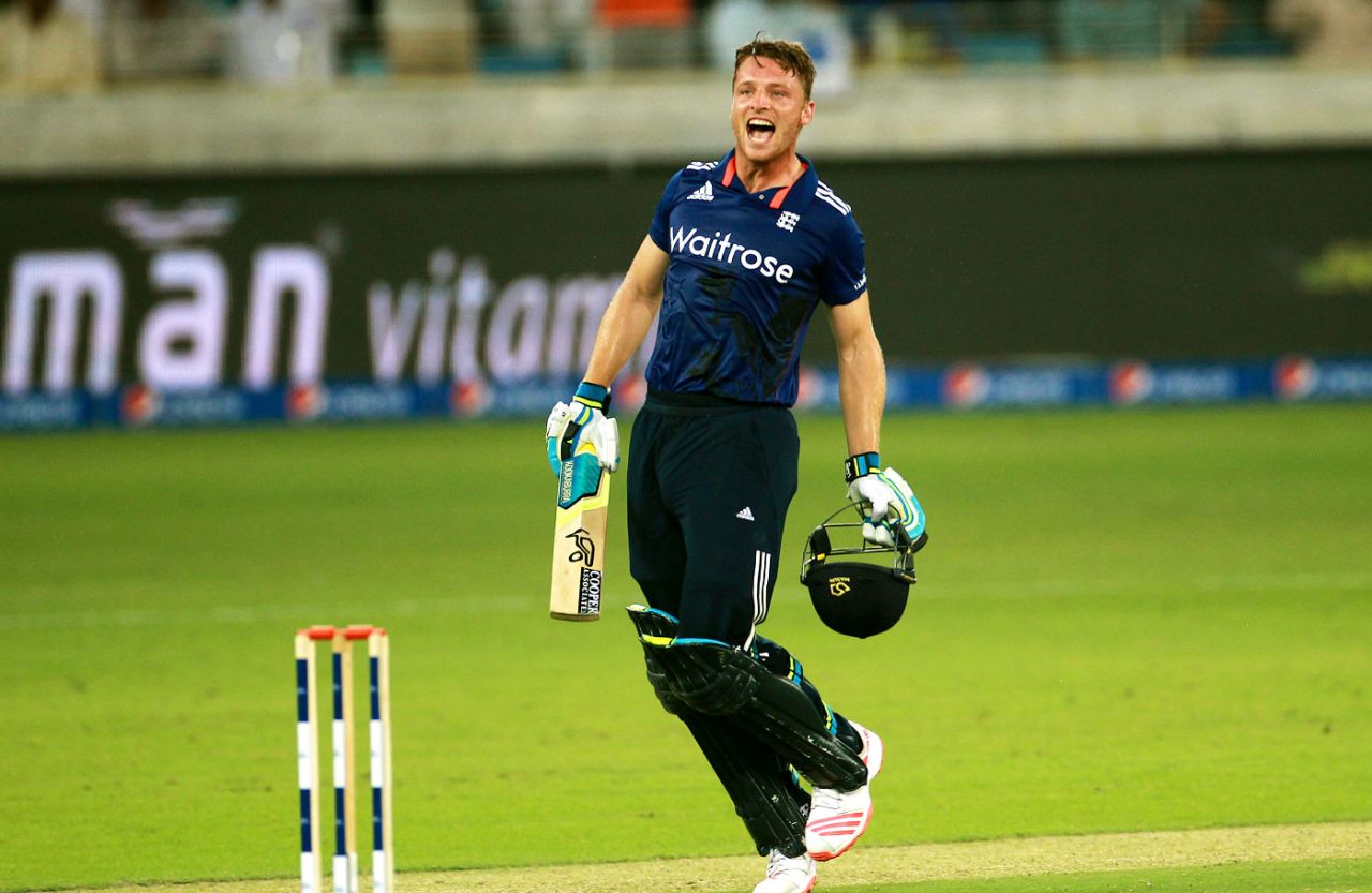 Jos Buttler leaps for joy after crashing a 46-ball hundred, Pakistan v England, 4th ODI, Dubai, November 20, 2015
