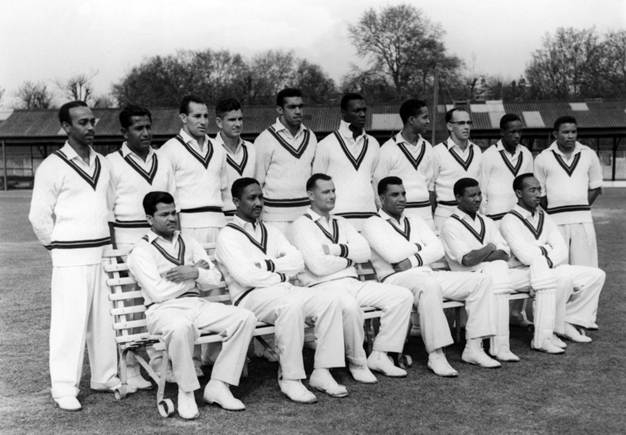 West Indies team group (back row, l-r) Andy Ganteaume, Nyron Asgarali, Gerry Alexander, Denis Atkinson, Tom Dewdney, Wes Hall, Garry Sobers, Bruce Pairaudeau, Roy Gilchrist, Cammie Smith (front row, l-r) Sonny Ramadhin, Frank Worrell, John Goddard, Clyde Walcott, Everton Weekes, Alfred Valentine, West Indies in England, 1957