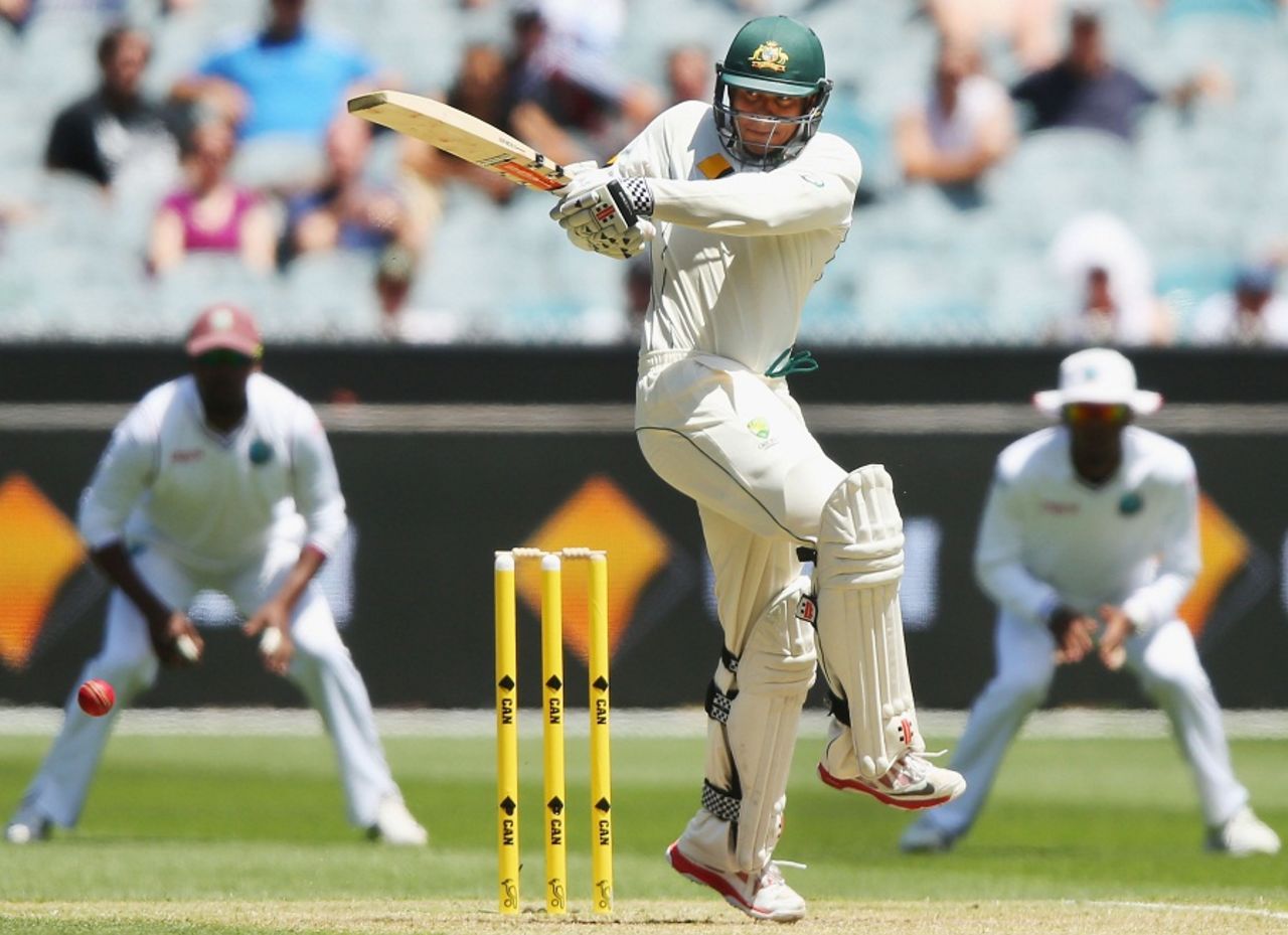 Usman Khawaja plays one down on the leg side , Australia v West Indies, 2nd Test, 1st day, Melbourne, December 26, 2015