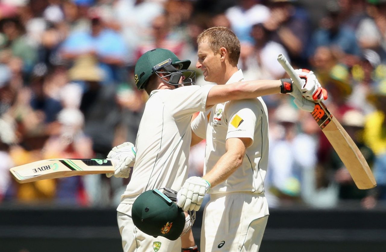 Adam Voges gets a hug from Steven Smith after reaching his century, Australia v West Indies, 2nd Test, Melbourne, 2nd day,  December 27, 2015