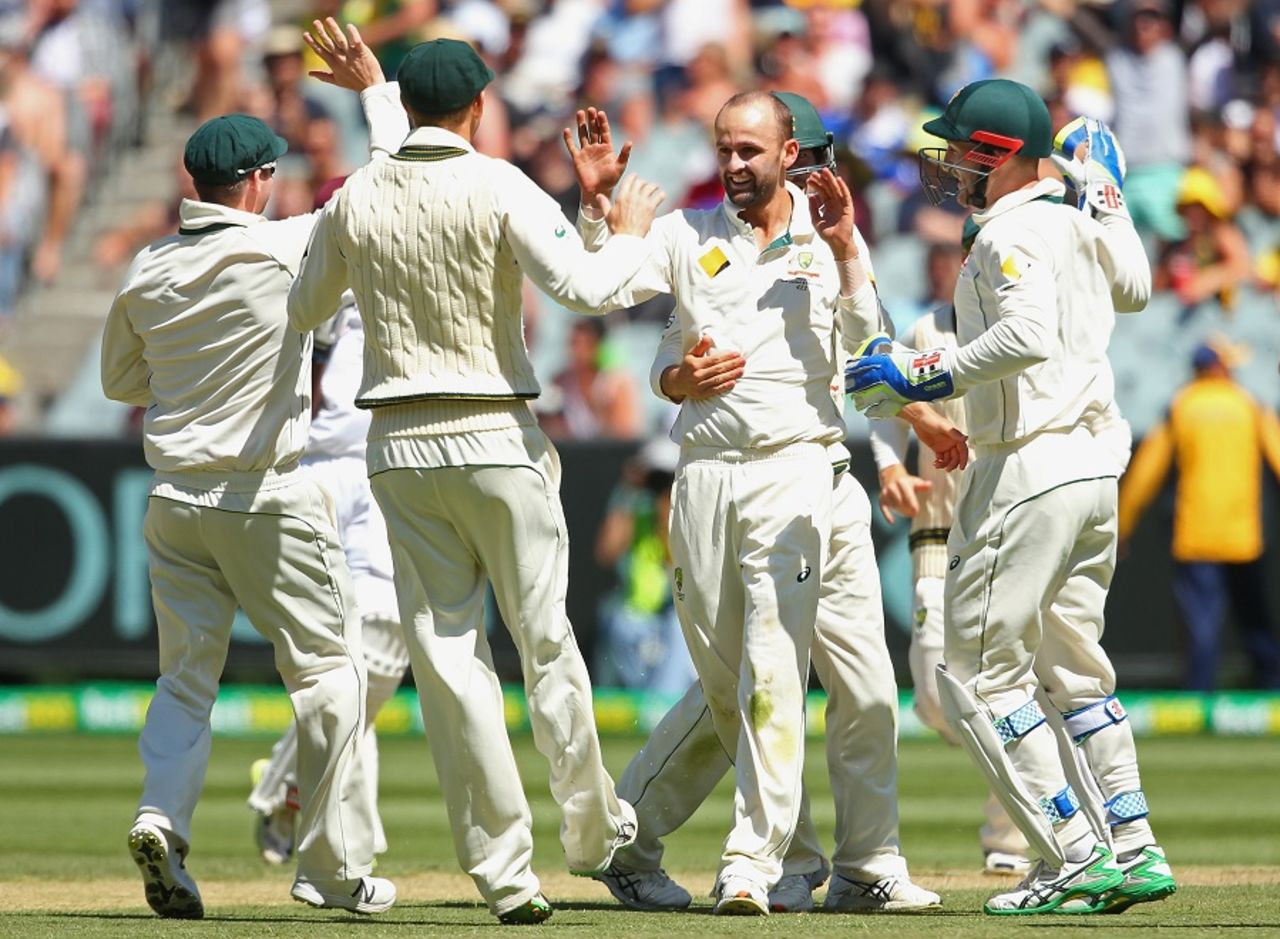 Nathan Lyon struck early with the wicket of Kraigg Brathwaite , Australia v West Indies, 2nd Test, Melbourne, 2nd day, December 27, 2015