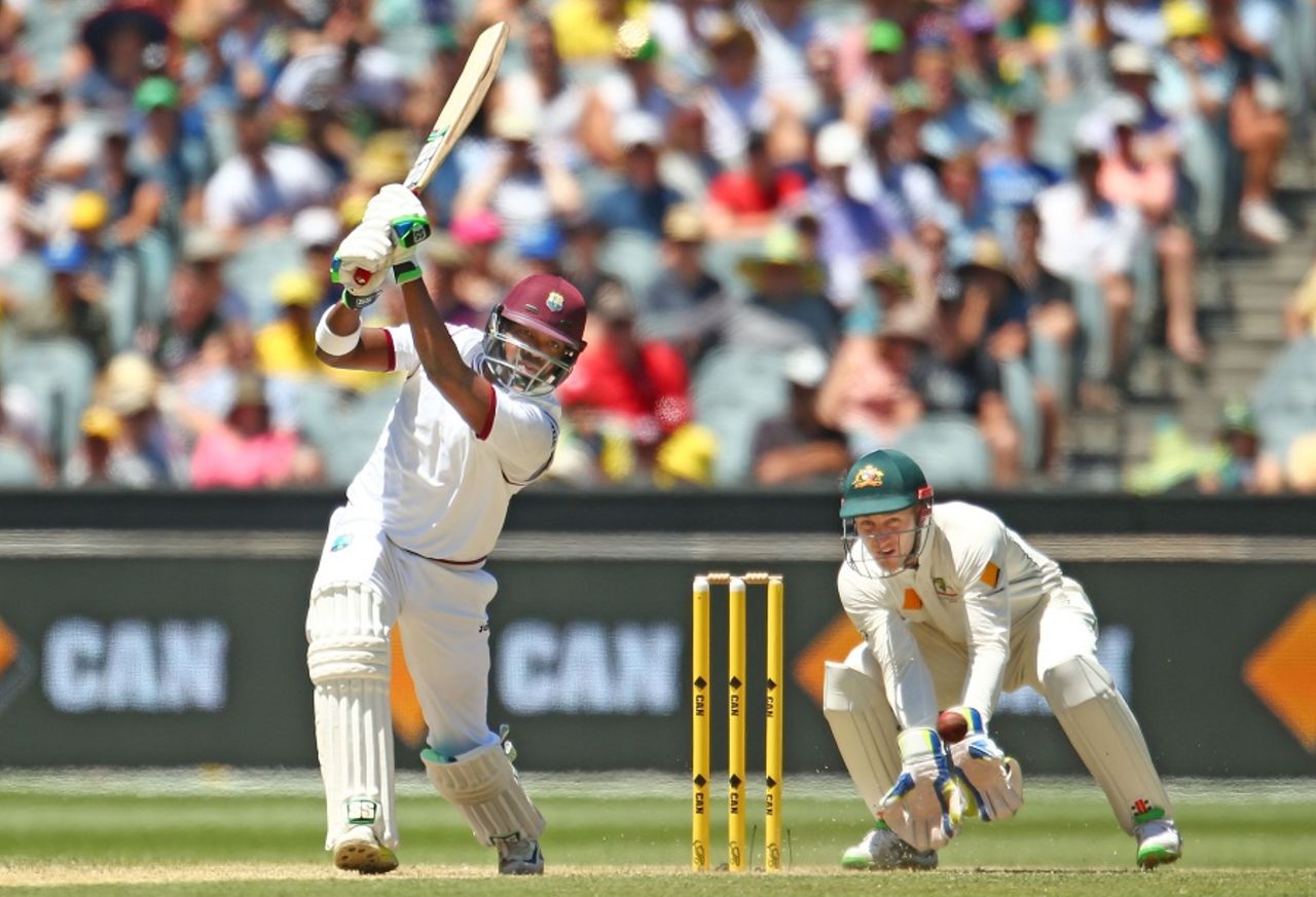 Darren Bravo plays a drive through the off side, Australia v West Indies, 2nd Test, Melbourne, 3rd day, December 28, 2015
