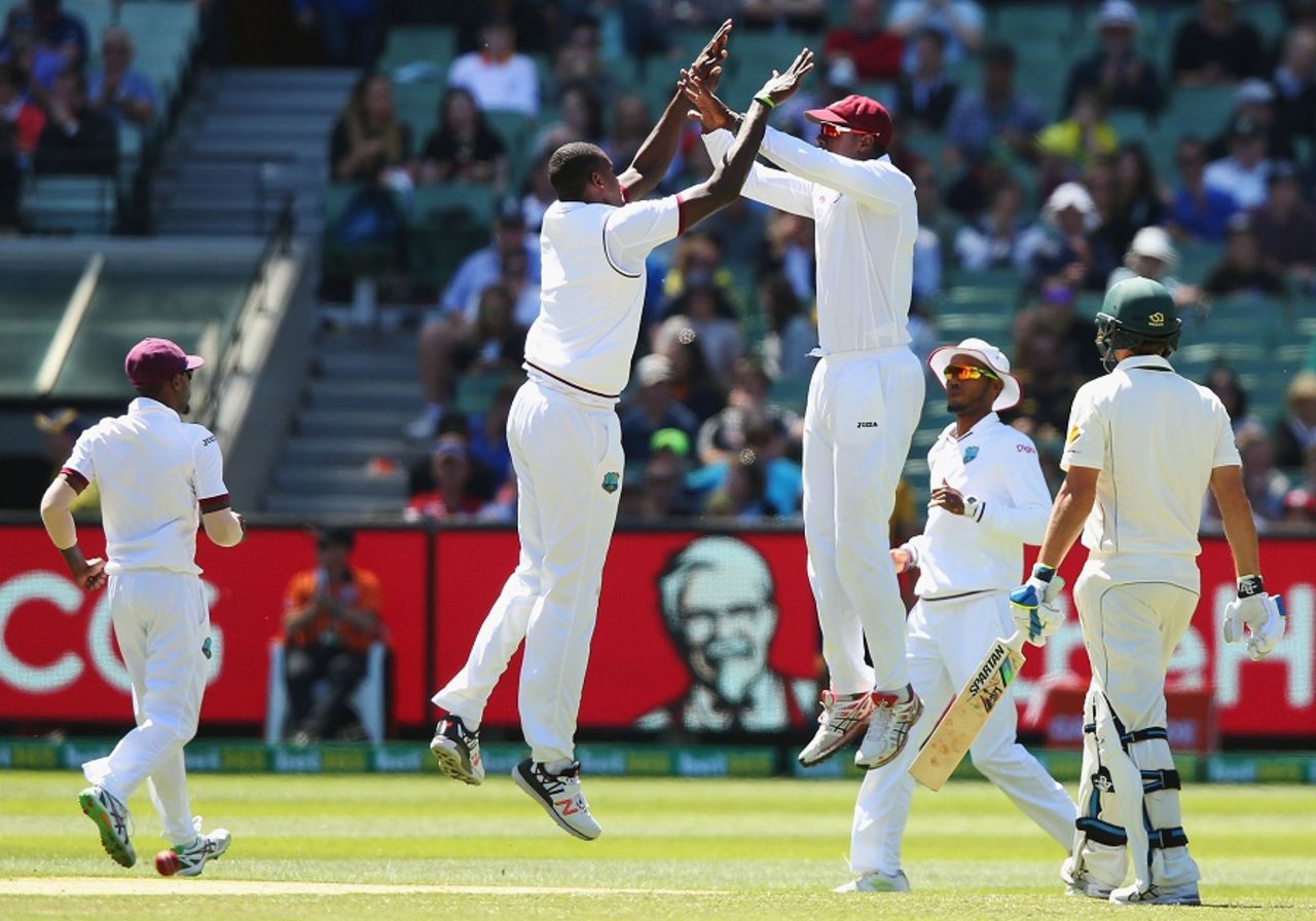 West Indies celebrate the wicket of Joe Burns, Australia v West Indies, 2nd Test, Melbourne, 3rd day, December 28, 2015