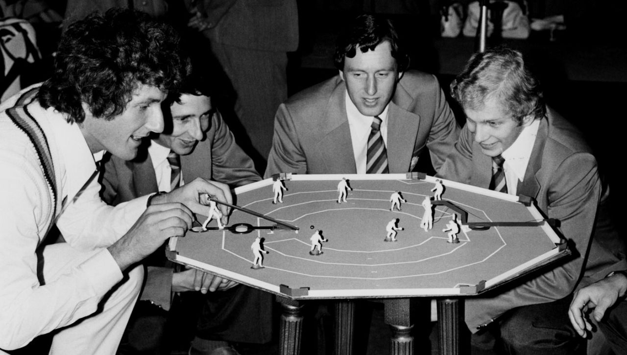 Bob Willis, Derek Randall, Mike Hendrick and David Gower play table cricket at Lord's, October 26, 1978