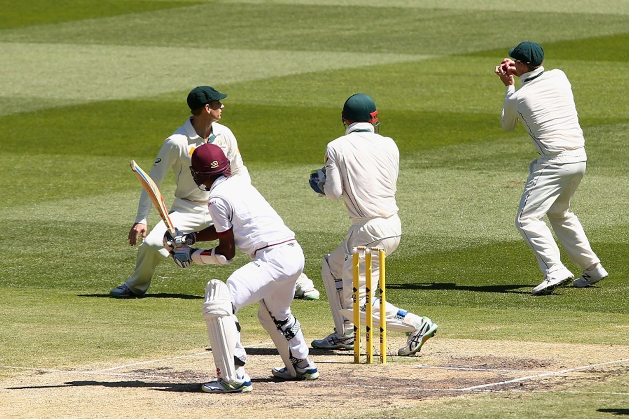 Kraigg Brathwaite was caught at slip by Steven Smith off Nathan Lyon's bowling, Australia v West Indies, 2nd Test, Melbourne, 4th day, December 29, 2015