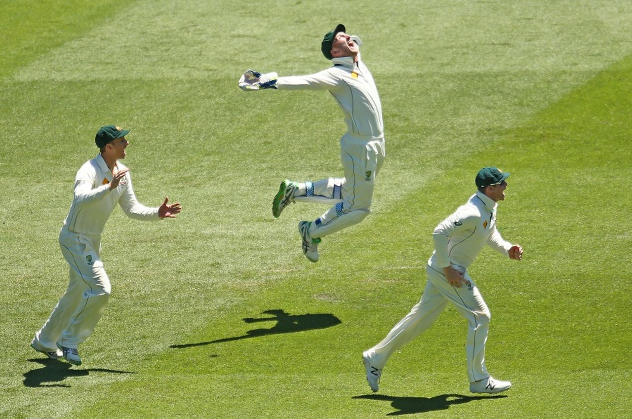 Peter Nevill leaps with joy after Marlon Samuels is caught behind, Australia v West Indies, 2nd Test, Melbourne, 4th day, December 29, 2015