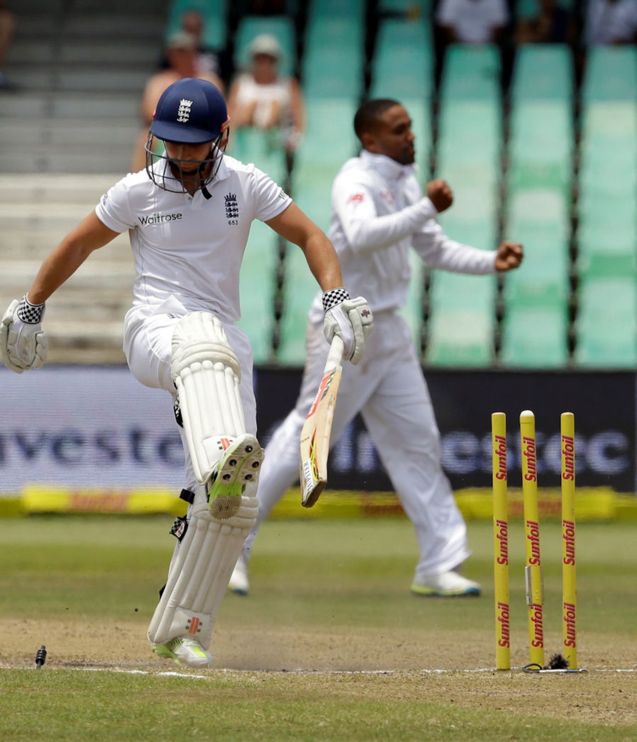 James Taylor kicks out in frustration after being bowled, South Africa v England, 1st Test, Durban, 4th day, December 29, 2015