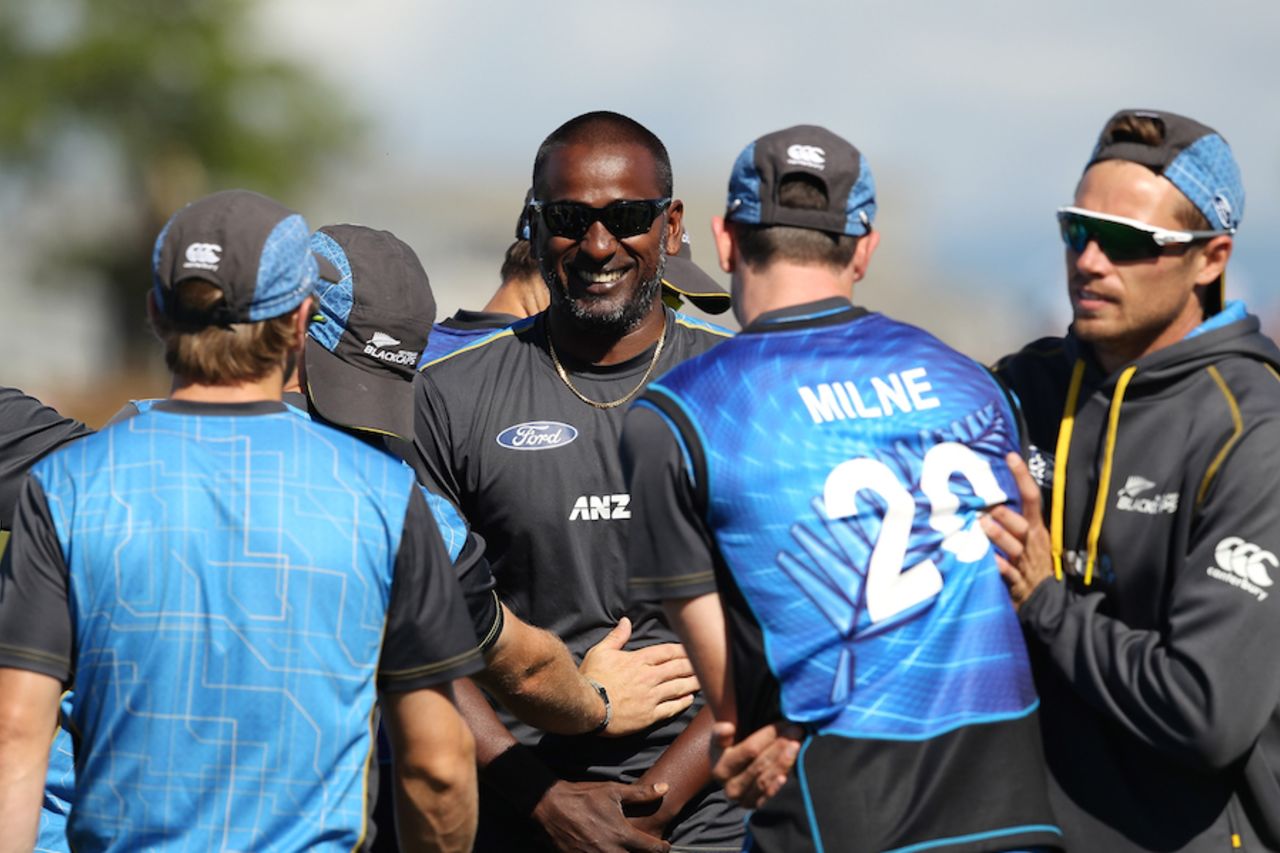 Dimitri Mascarenhas shares a laugh with the New Zealand players, New Zealand v Sri Lanka, 3rd ODI, Nelson, December 31, 2015