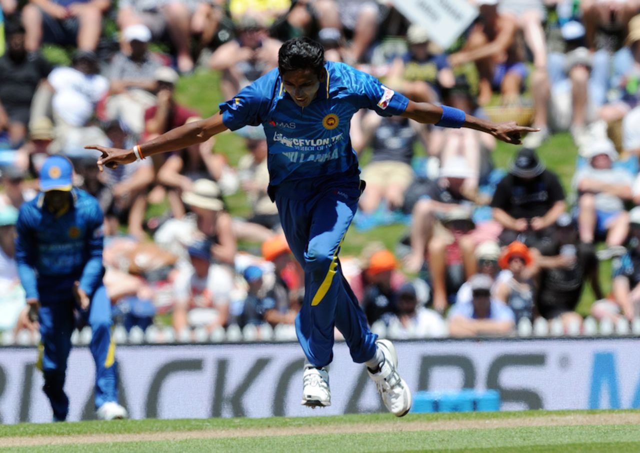 Dushmantha Chameera is thrilled after taking a wicket, New Zealand v Sri Lanka, 3rd ODI, Nelson, December 31, 2015