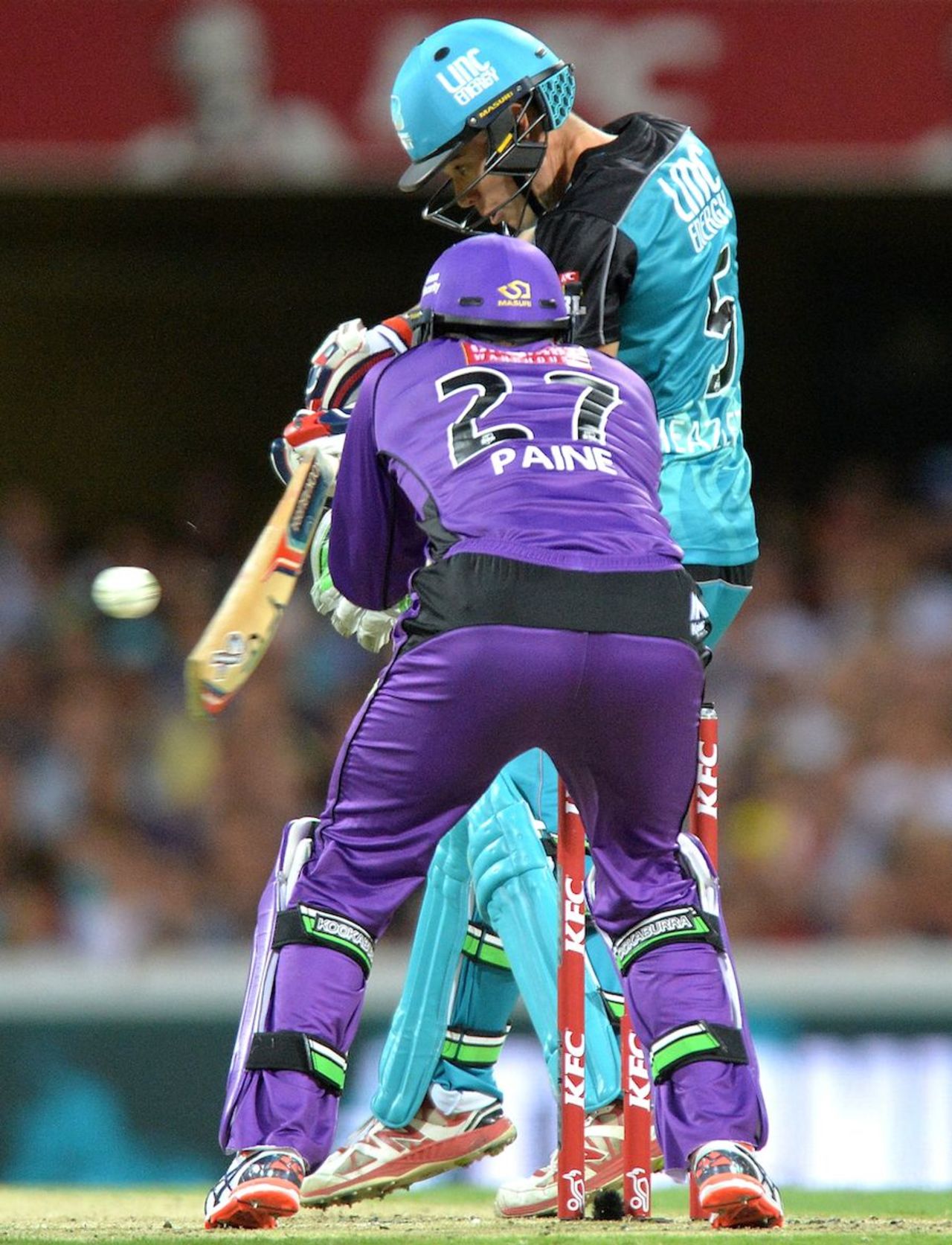 Debutant Sam Heazlett plays off the back foot, Brisbane Heat v Hobart Hurricanes, BBL 2015-16, Brisbane, December 29, 2015