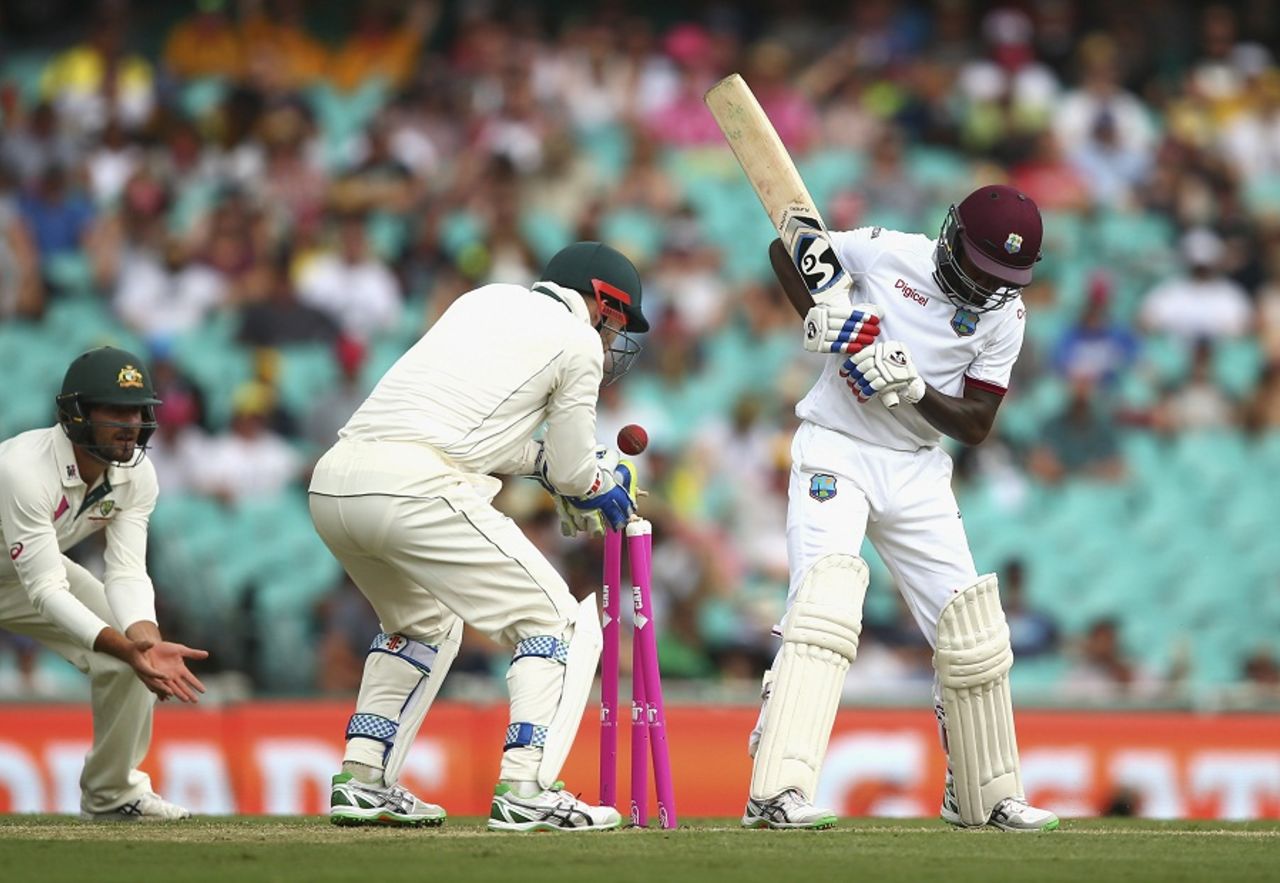 Jermaine Blackwood was bowled by Nathan Lyon, Australia v West Indies, 3rd Test, Sydney, 1st day, January 3, 2016