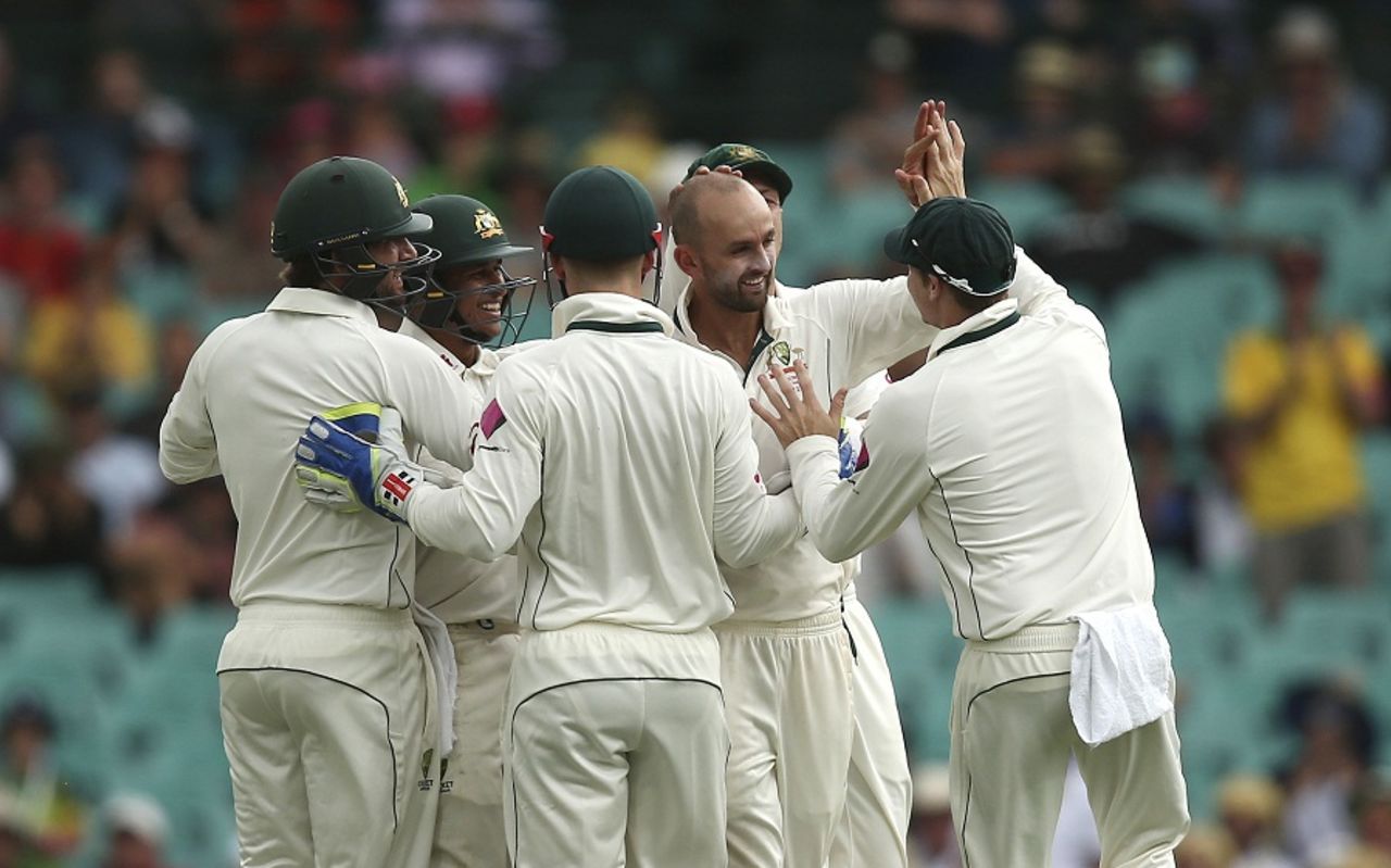 Nathan Lyon celebrates a wicket with his team-mates, Australia v West Indies, 3rd Test, Sydney, 1st day, January 3, 2016