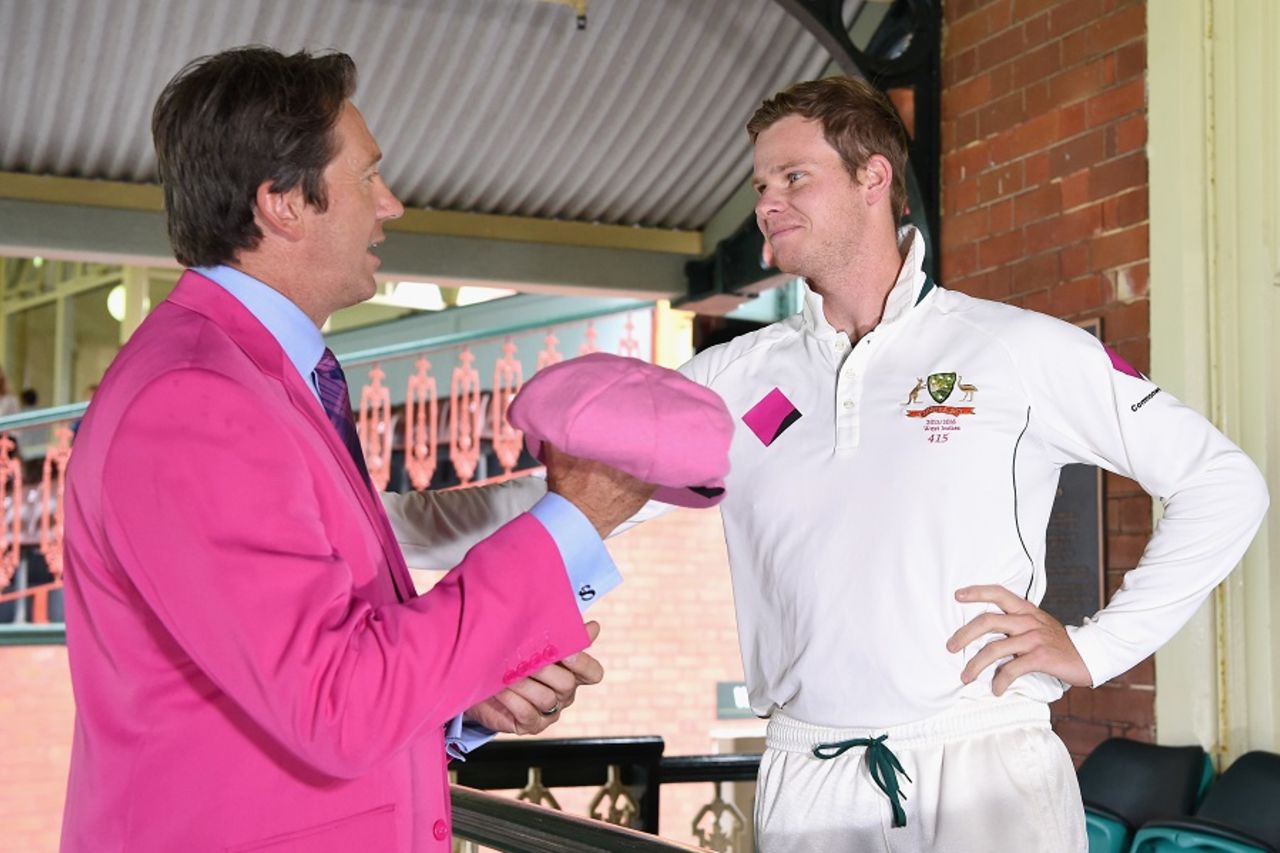Here you go: Glenn McGrath presents a baggy pink cap to Steven Smith, Australia v West Indies, 3rd Test, Sydney, 3rd day, January 5, 2016