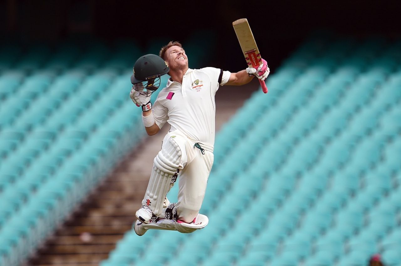 David Warner celebrates his hundred in trademark fashion, Australia v West Indies, 3rd Test, Sydney, 5th day, January 7, 2016