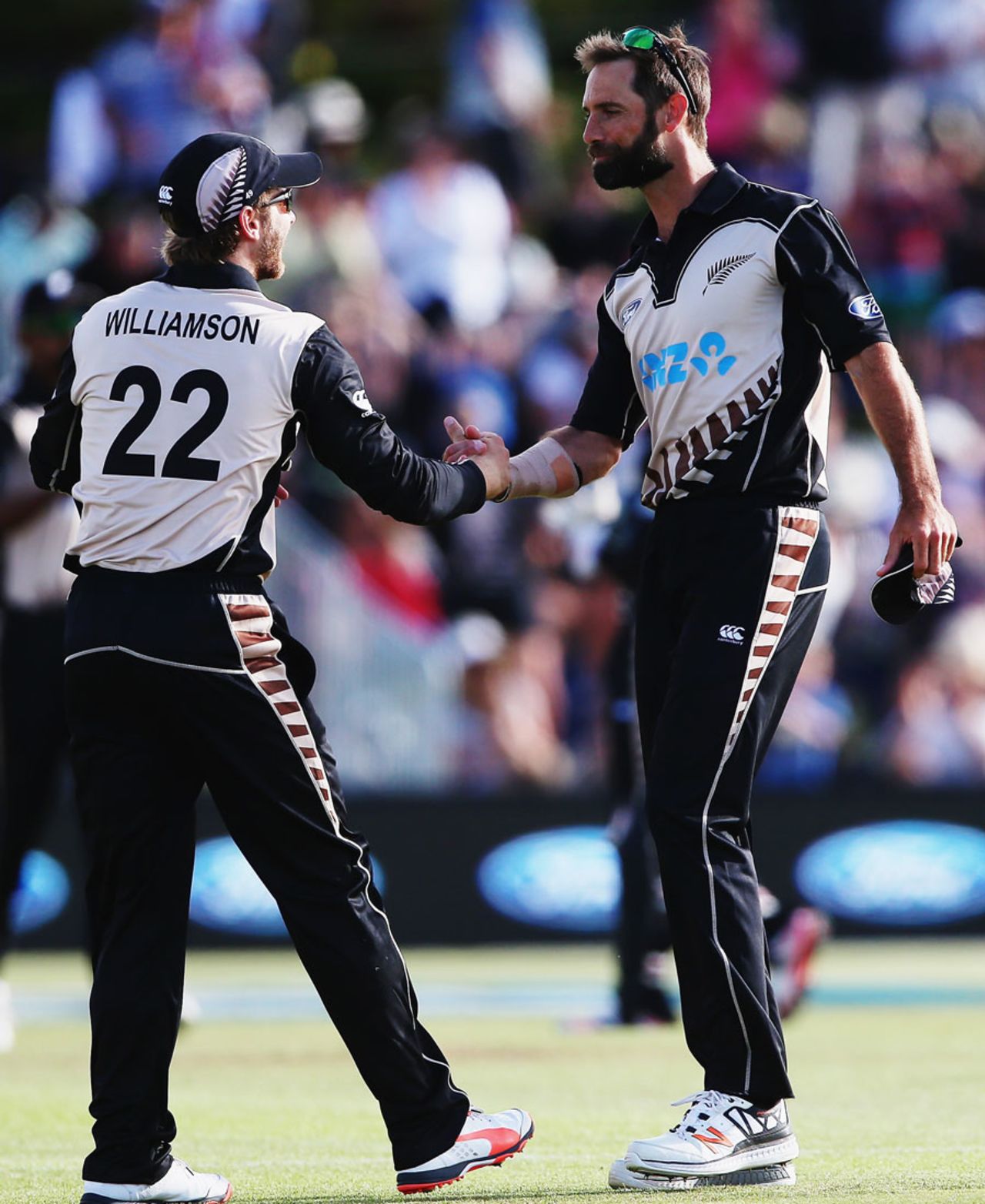 Kane Williamson and Grant Elliott celebrate a tight New Zealand win, New Zealand v Sri Lanka, 1st T20I,  Mount Maunganui, January 7, 2016