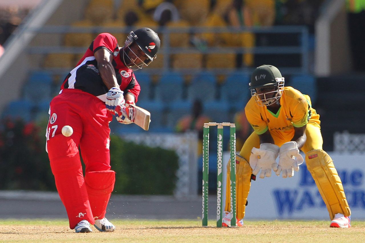 Evin Lewis hits a six on his way to 74, Trinidad & Tobago Red v Jamaica, Nagico Super50 2016, Port-of-Spain, January 7, 2016