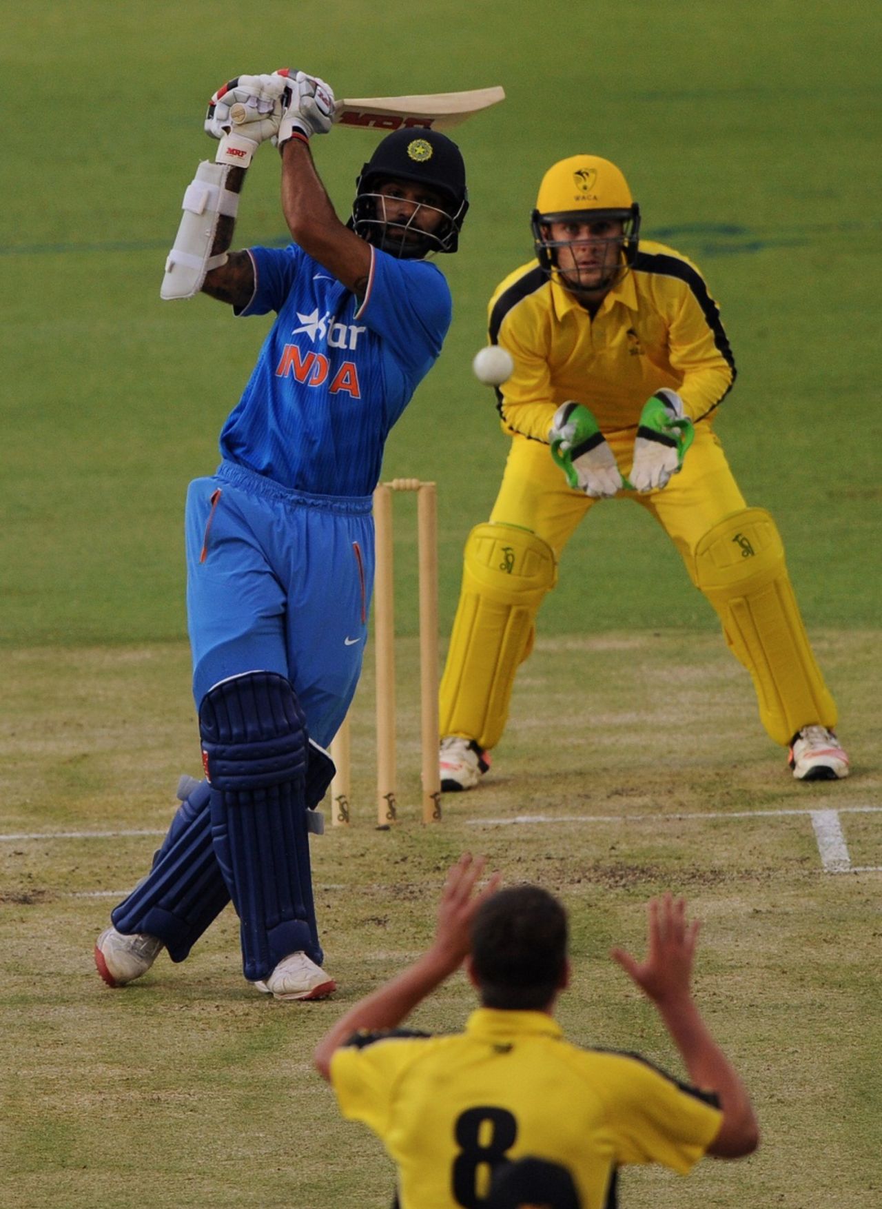Shikhar Dhawan goes down the ground during his 74, Western Australia XI v Indians, tour match, Perth, January 8, 2016