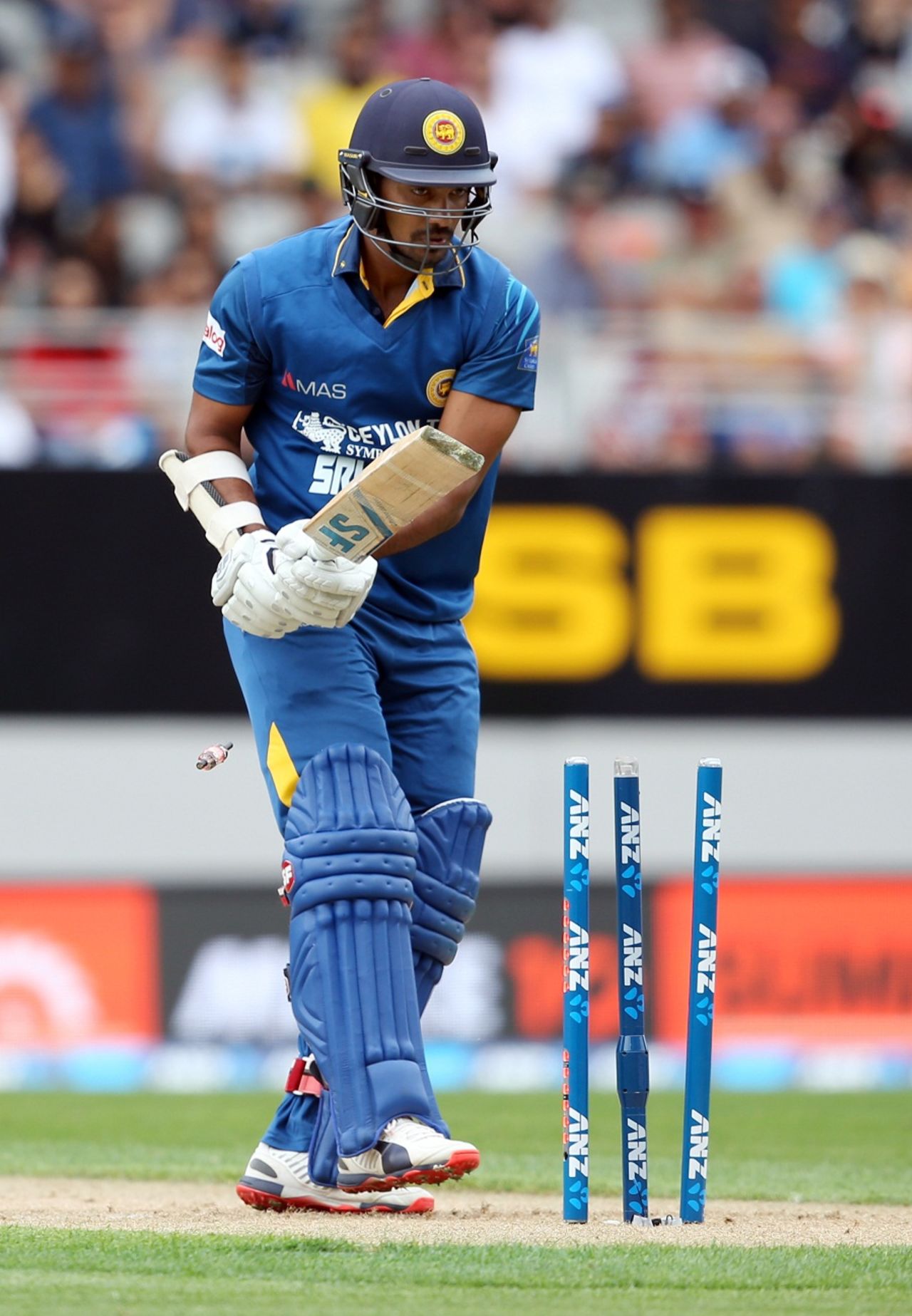 Danushka Gunathilaka was bowled for 8, New Zealand v Sri Lanka, 2nd T20I, Auckland, January 10, 2016