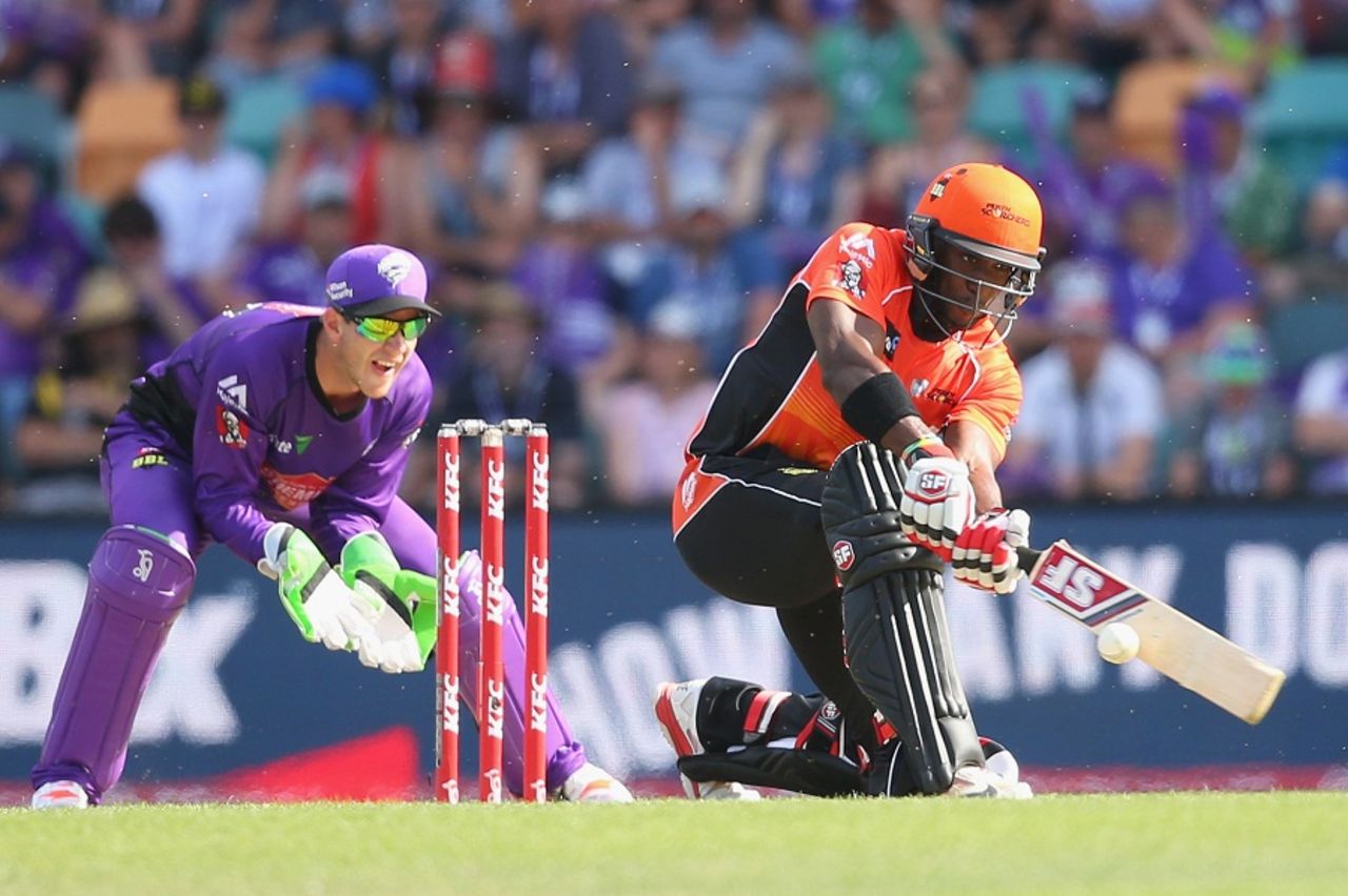 Michael Carberry plays a sweep, Hobart Hurricanes v Perth Scorchers, BBL 2015-16, Hobart, January 10, 2016
