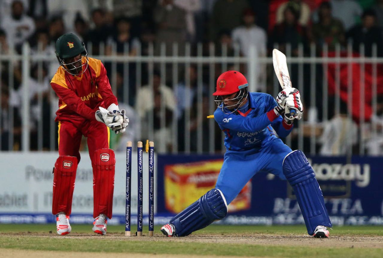 Usman Ghani was bowled by a quicker one, Afghanistan v Zimbabwe, 2nd T20I, Sharjah, January 10, 2016
