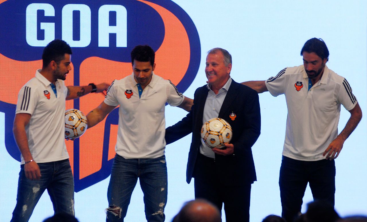 From left: Virat Kohli, Varun Dhawan, Zico and Robert Pires at an FC Goa press event, September 23, 2014