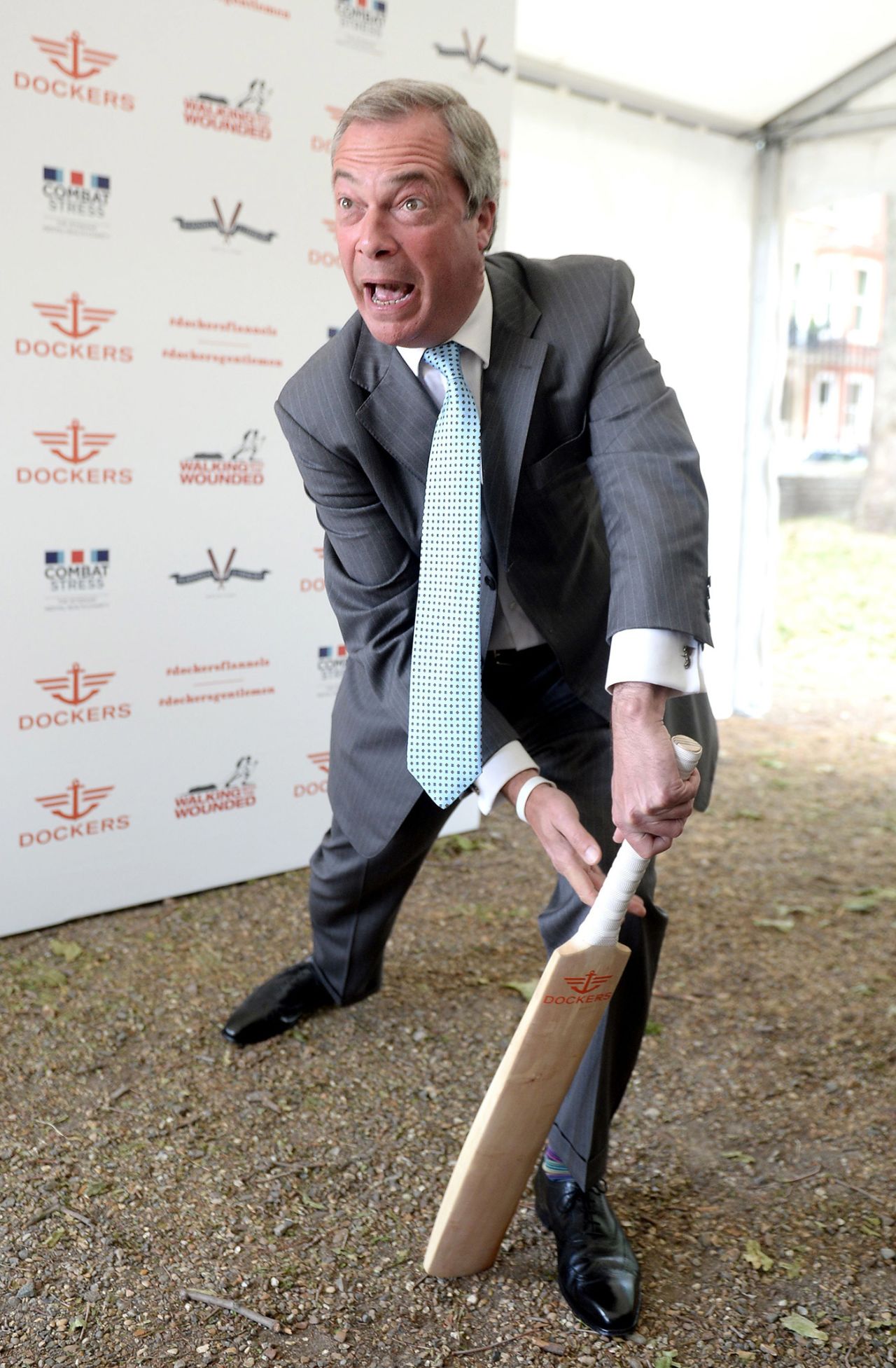 Nigel Farage at the Dockers Flannels for Heroes charity cricket match and garden party at the Royal Hospital Chelsea, London, June 19, 2015