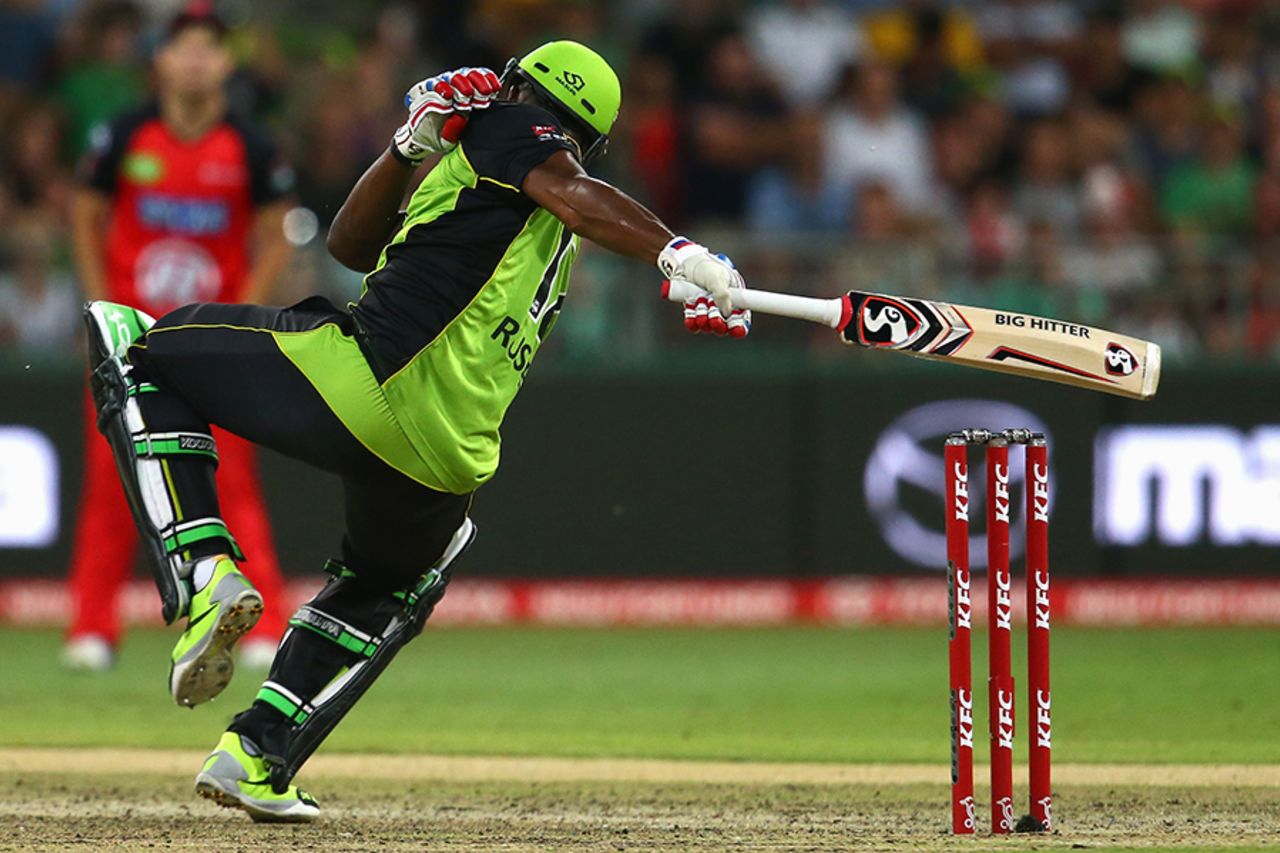 Andre Russell lost his balance after being struck by a bouncer and was out hit-wicket, Sydney Thunder v Melbourne Renegades, Big Bash League 2015-16, Sydney, January 11, 2016