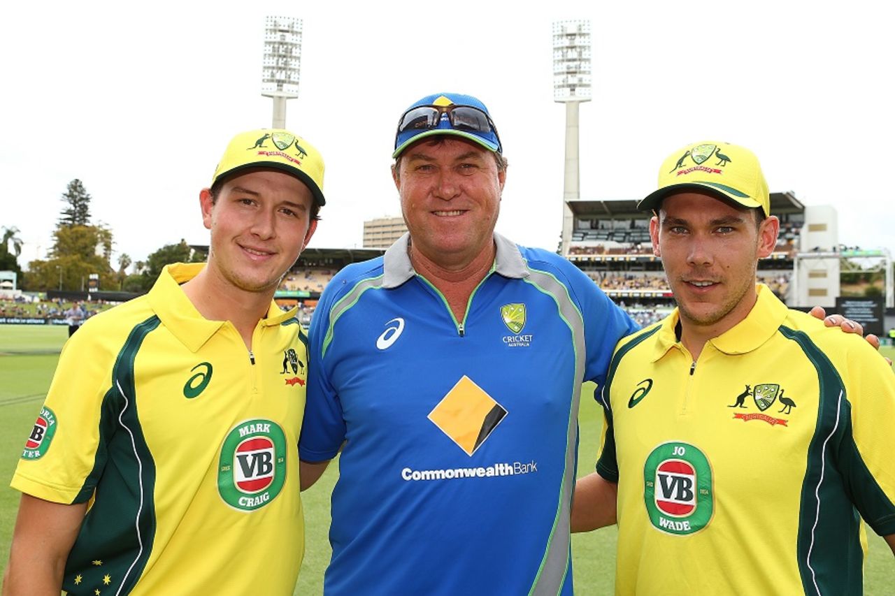 Bruce Reid poses with Joel Paris and Scott Boland, Australia v India, 1st ODI, Perth, January 12, 2016