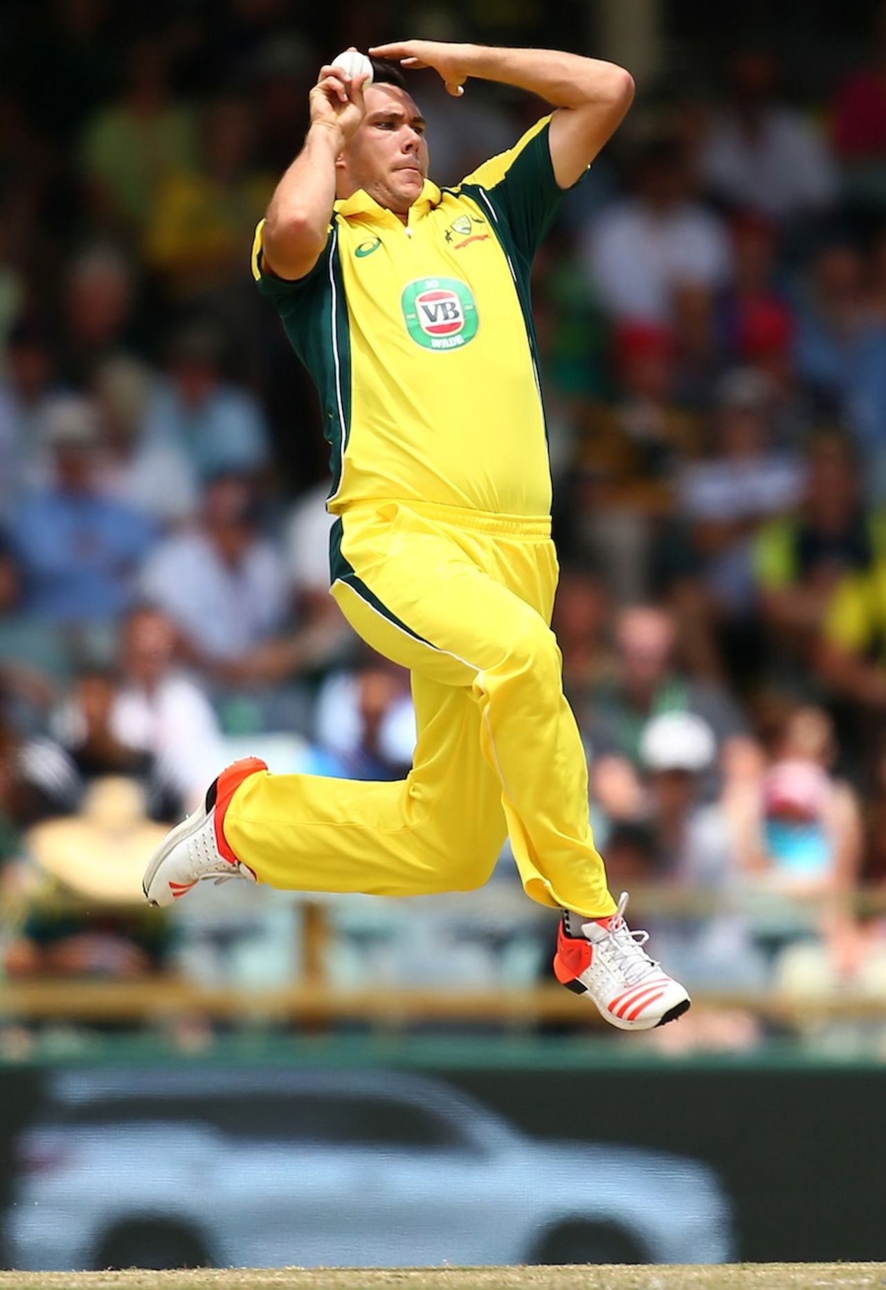 Scott Boland leaps as he approaches the bowling crease,  Australia v India, 1st ODI, Perth, January 12, 2016