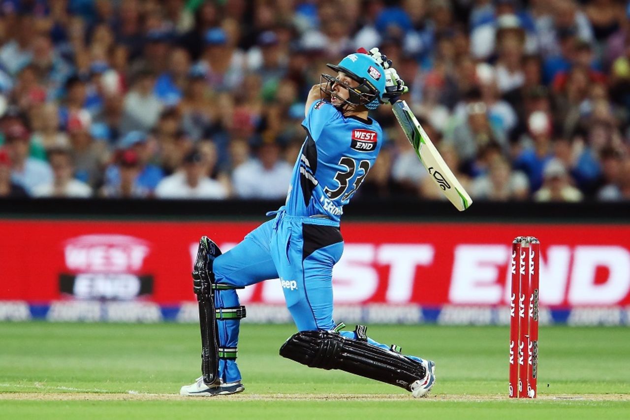 Jake Lehmann hit a six off the last ball to win the game, Adelaide Strikers v Hobart Hurricanes, Big Bash League 2015-16, Adelaide, January 13, 2016