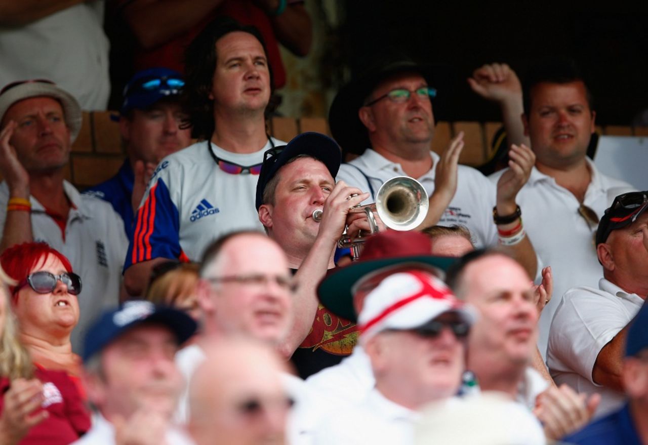 A member of the Barmy Army plays the trumpet in the stands, South Africa v England, 3rd Test, Johannesburg, 1st day, January 14, 2016
