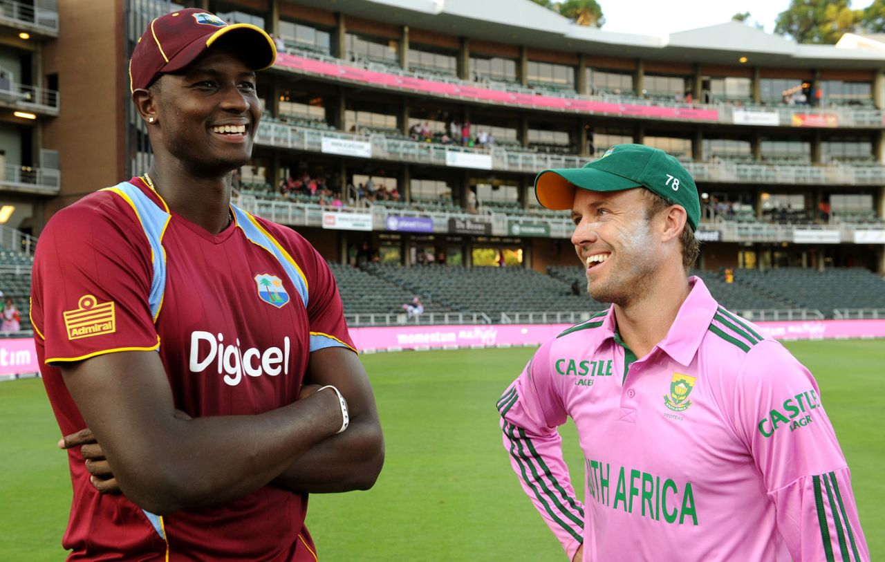 AB de Villiers and Jason Holder talk at the post-match presentation, South Africa v West Indies, 2nd ODI, Johannesburg, January 18, 2015