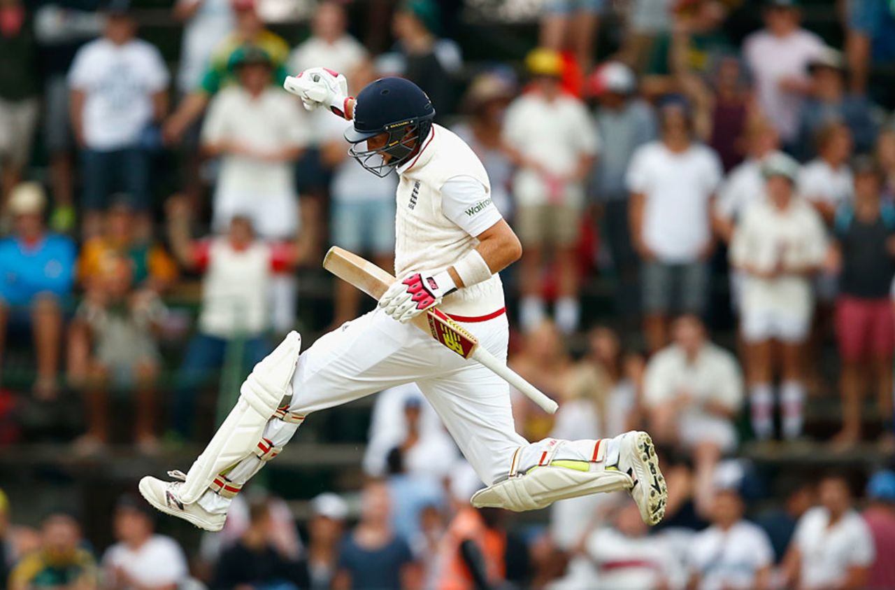 Joe Root leaps in celebration after hitting the winning runs, South Africa v England, 3rd Test, Johannesburg, 3rd day, January 17, 2016