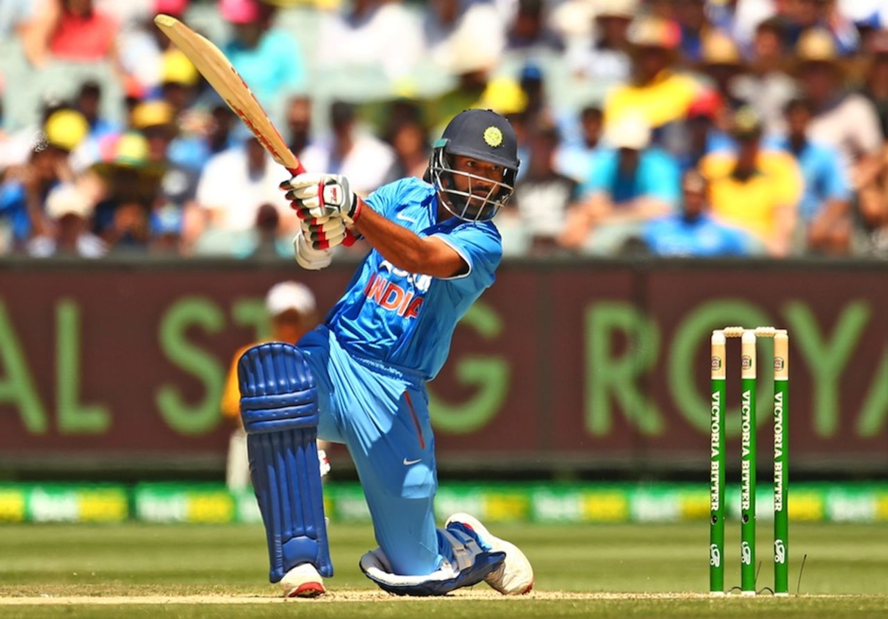 Shikhar Dhawan drives through the off side, Australia v India, 3rd ODI, Melbourne, January 17, 2016