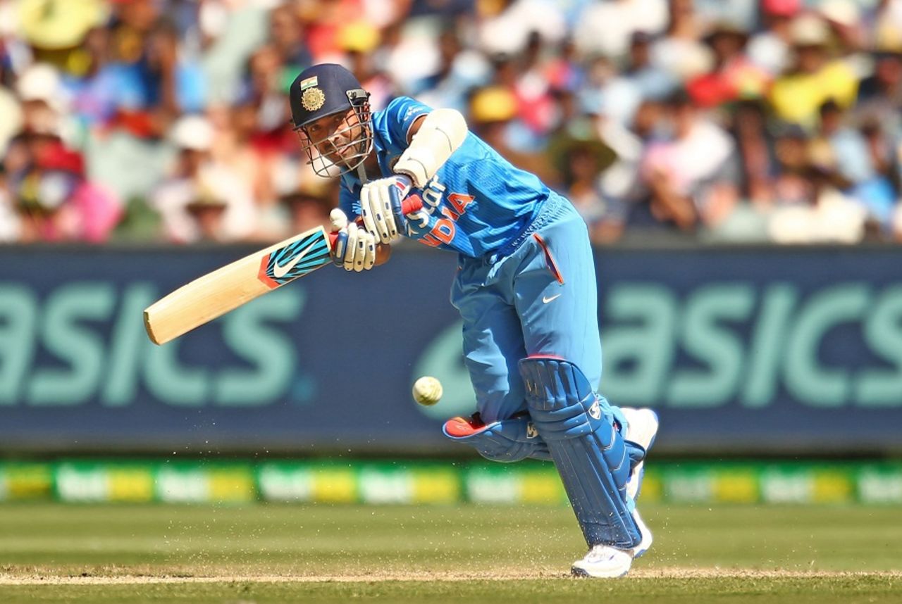 Ajinkya Rahane drives through midwicket, Australia v India, 3rd ODI, Melbourne, January 17, 2016