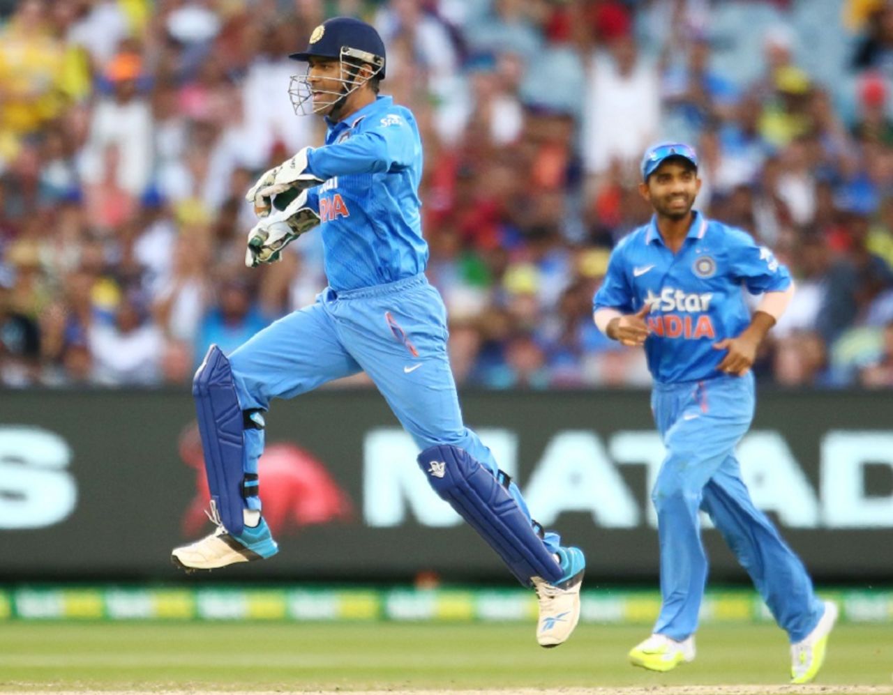 MS Dhoni takes off after stumping George Bailey, Australia v India, 3rd ODI, Melbourne, January 17, 2016