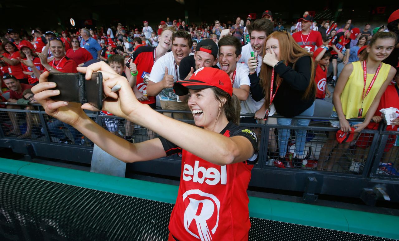 Molly Strano takes a photo with fans after the game, Melbourne Renegades v Sydney Thunder, Women's Big Bash League, Melbourne, January 9, 2016
