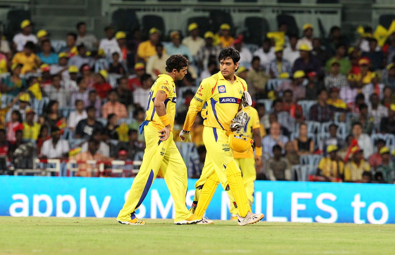 Ravindra Jadeja and MS Dhoni walk off the field, Chennai Super Kings v Deccan Charges, IPL, Chennai, May 4, 2012