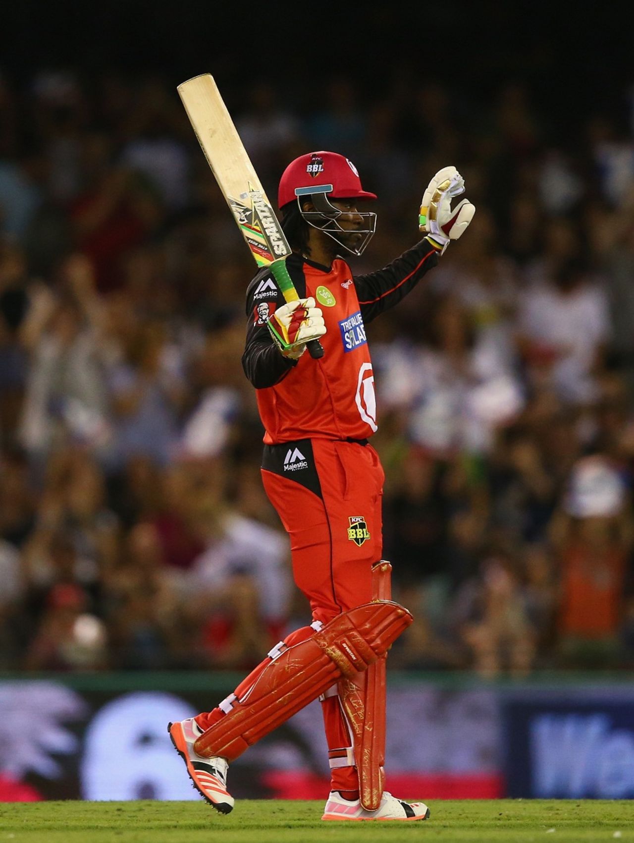 Chris Gayle celebrates his 12-ball fifty, Melbourne Renegades v Adelaide Strikers, BBL 2015-16, Melbourne, January 18, 2016