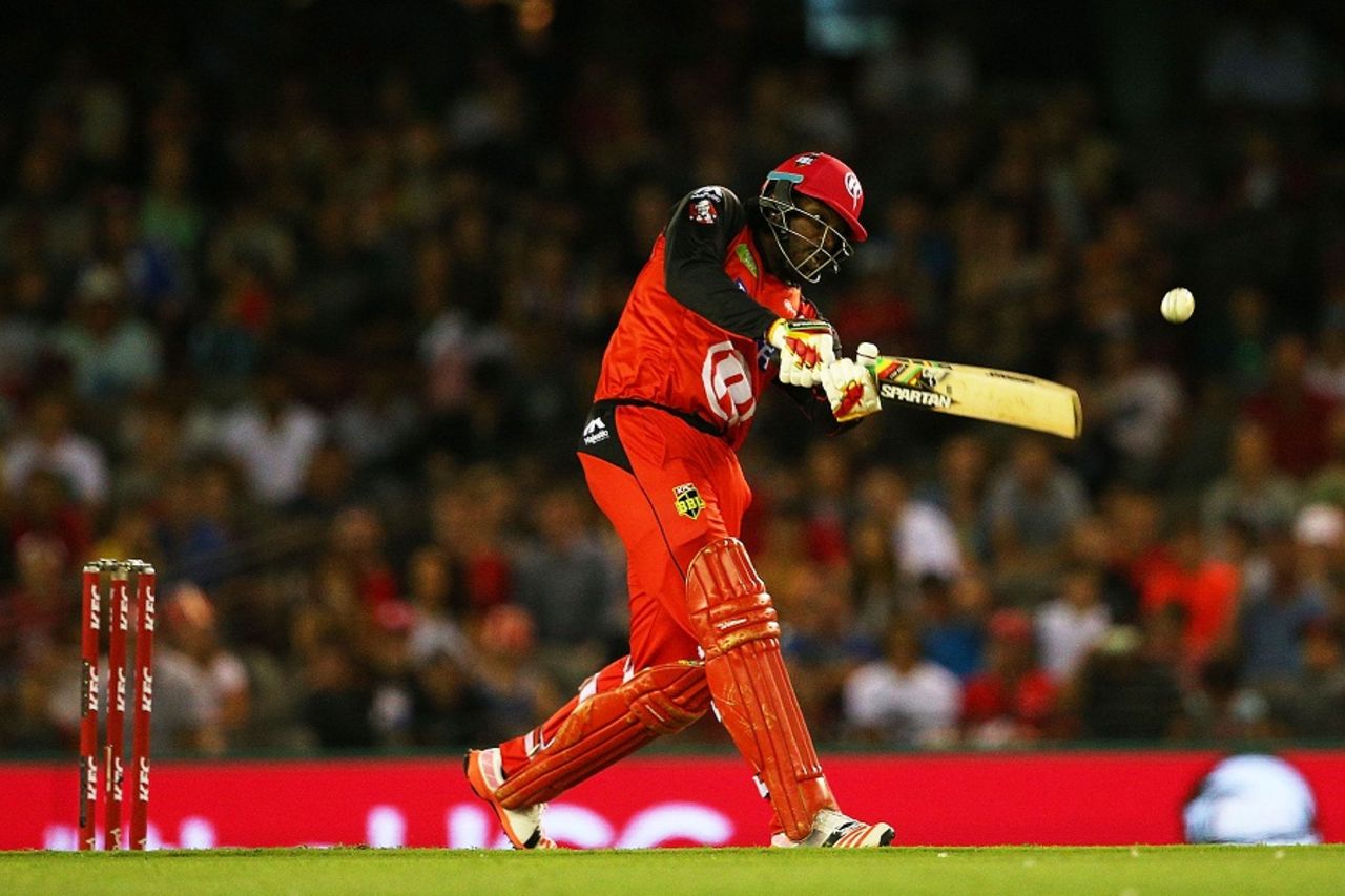 Chris Gayle smacks one during his 17-ball 56, Melbourne Renegades v Adelaide Strikers, BBL 2015-16, Melbourne, January 18, 2016