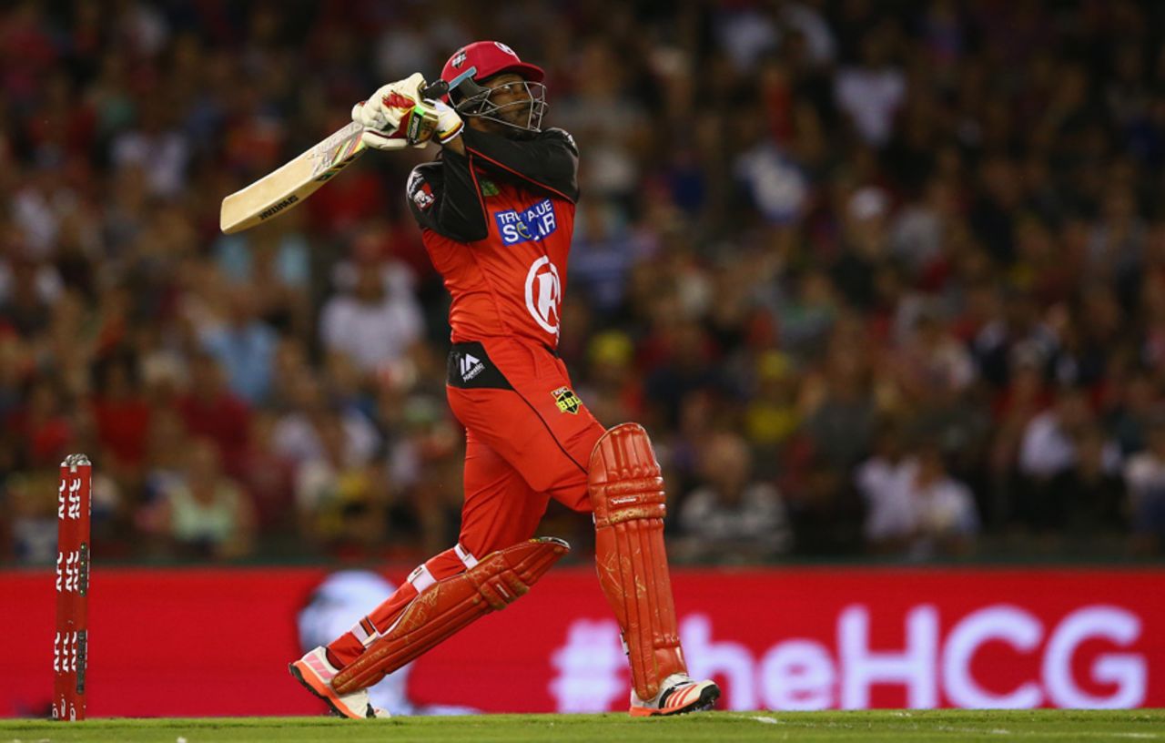 Chris Gayle launches one into the stands, Melbourne Renegades v Adelaide Strikers, BBL 2015-16, Melbourne, January 18, 2016