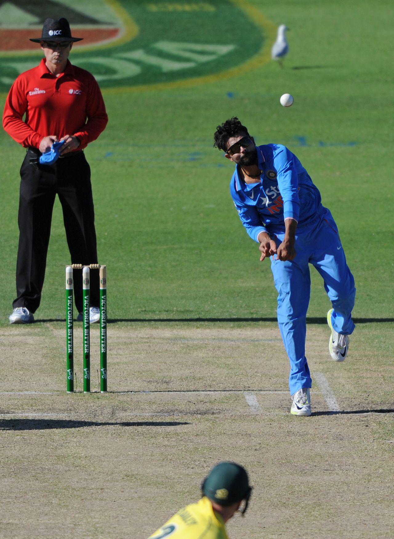 Ravindra Jadeja bowls, Australia v India, first ODI, Perth, January 12, 2016 
